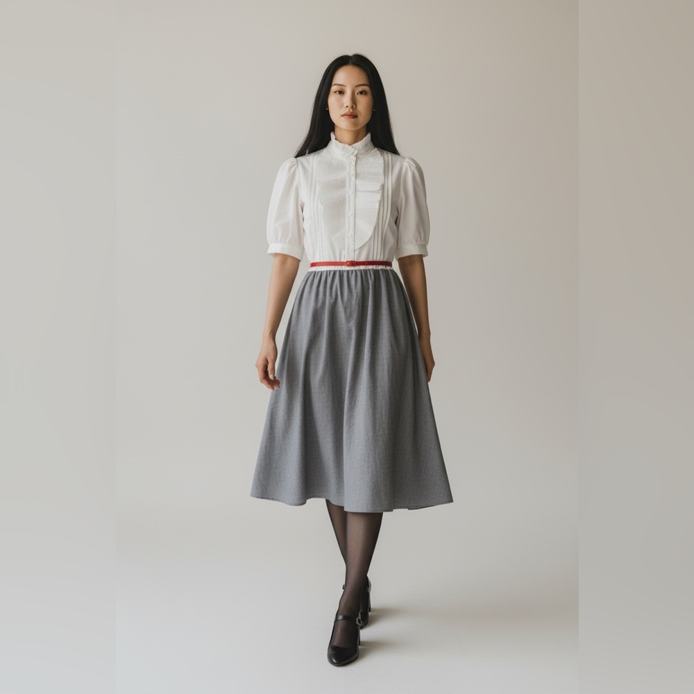 70s VTG Secretary Dress Girlhood kawai Twee High Neck Tuxedo Prairie Medium